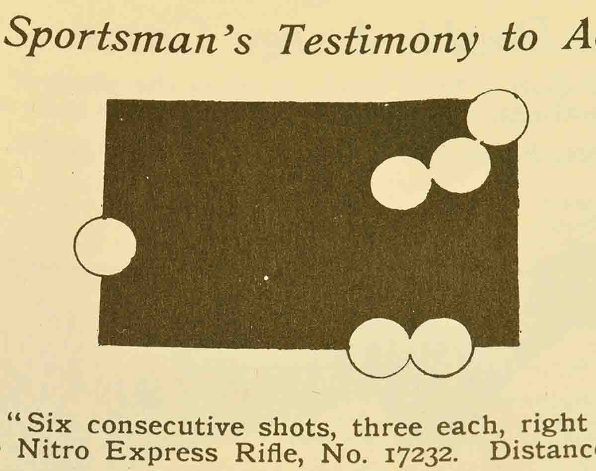 This rectangle shows six shots, three from each barrel, from a .425 double rifle at 100 yards. The rectangle measures 21⁄16 inches by 15⁄16 inches.